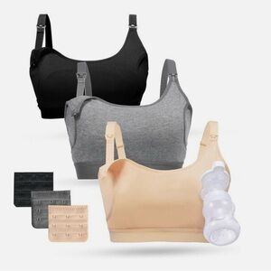 Three (3) pack Momcozy hands free pumping bras with extenders and pads